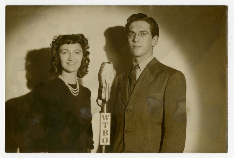 Peg Lynch and Willis Conover at radio microphone