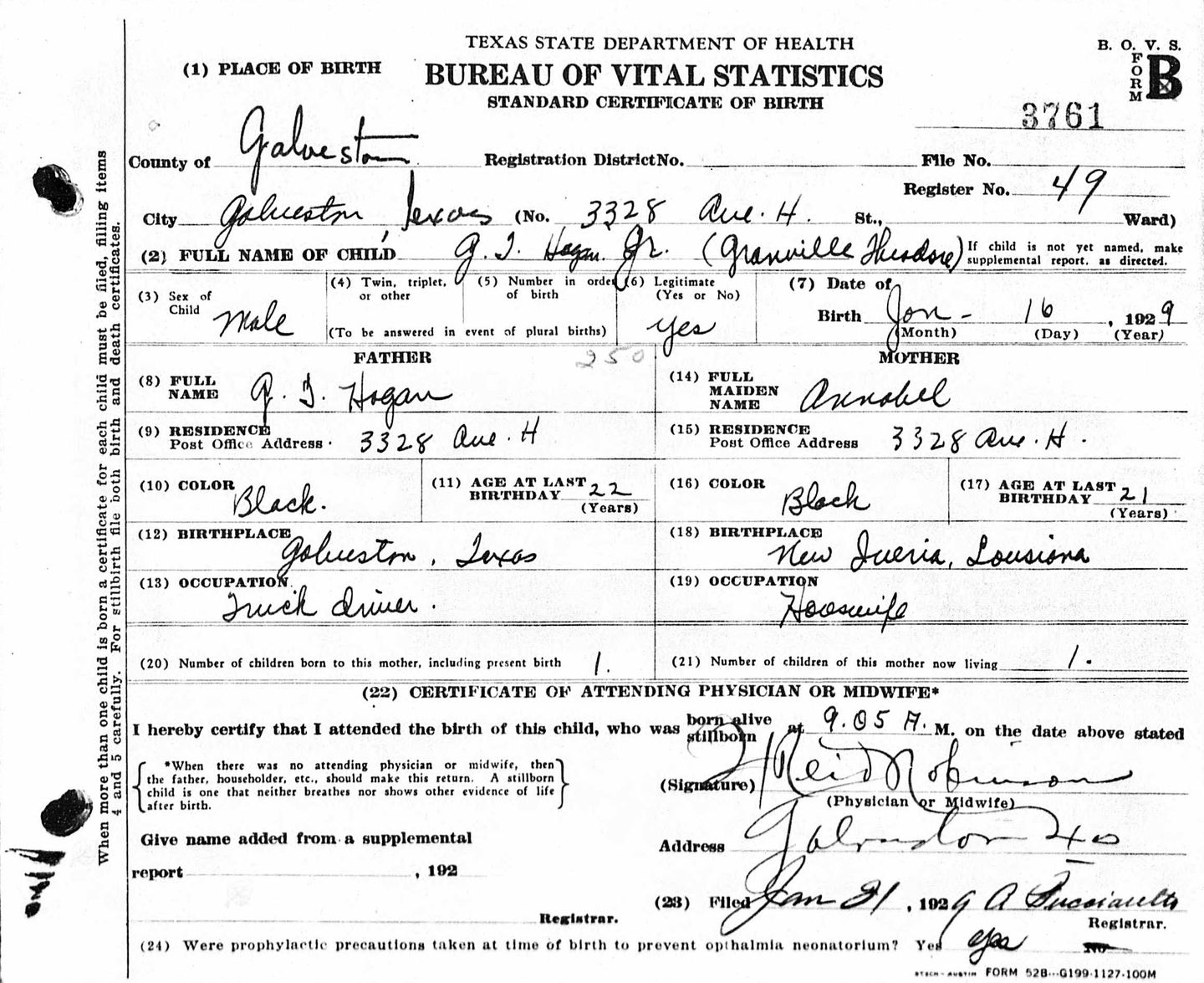 G. T. Hogan birth certificate